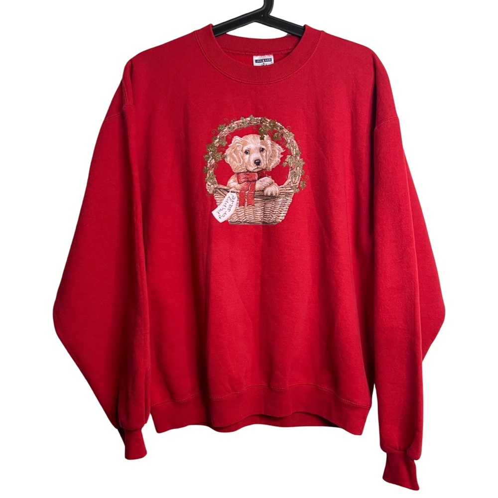 Vintage 90s Y2k Cottagecore Puppy Christmas Red Sweatshirt